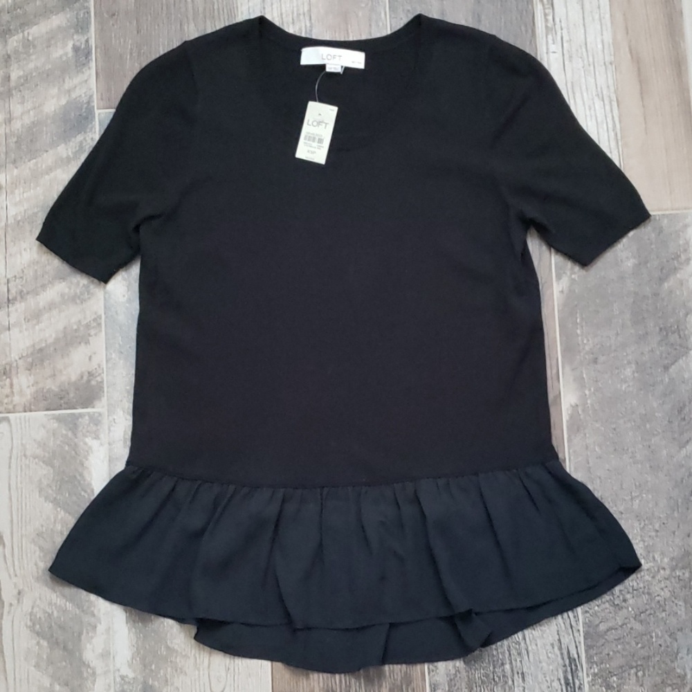 NWT Loft Petities Black Ruffled Sweater Tee XSP